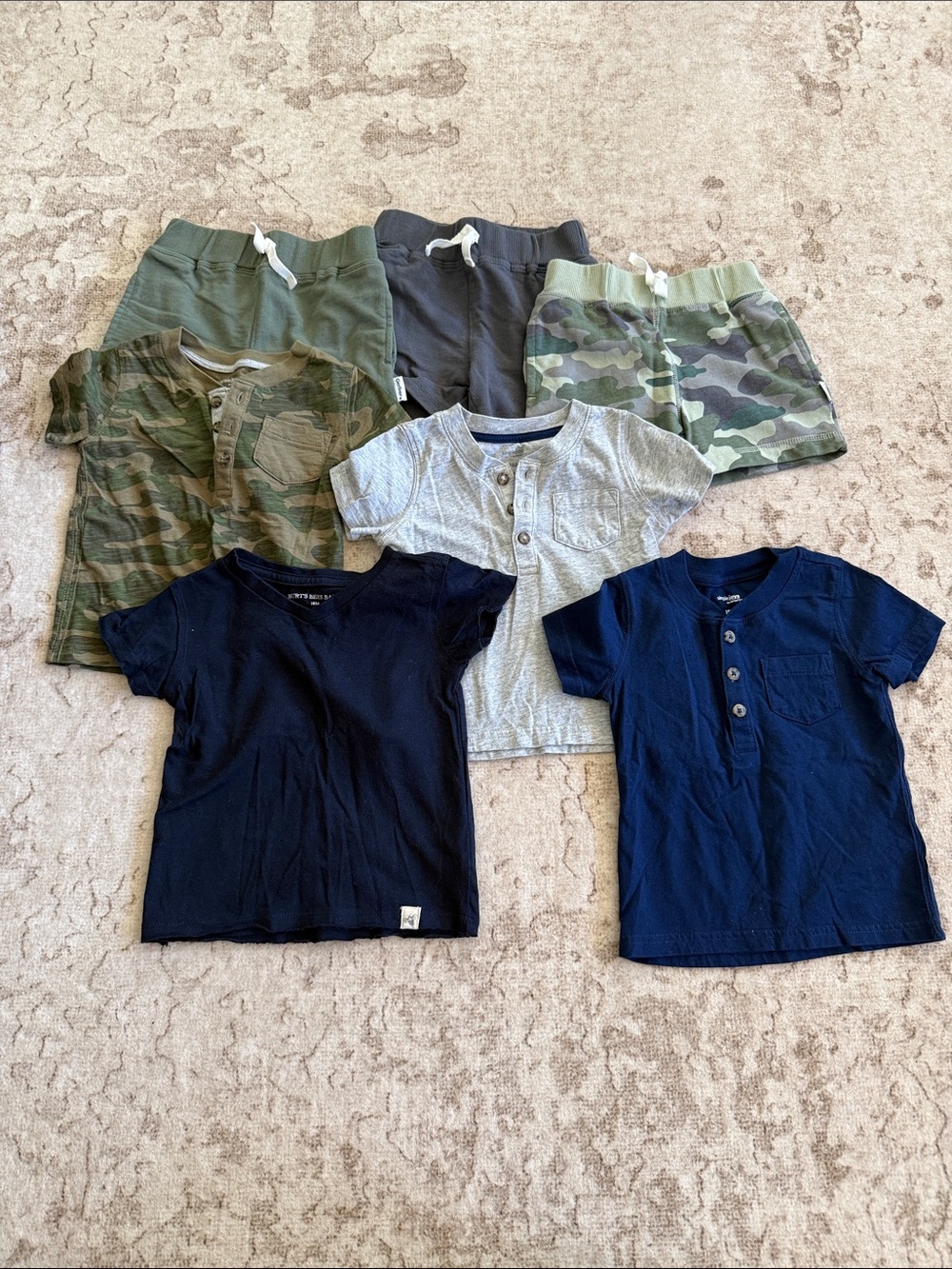 Boys 18-24 months Navy & Gray & Camo Short Sleeve Henley and shorts.
